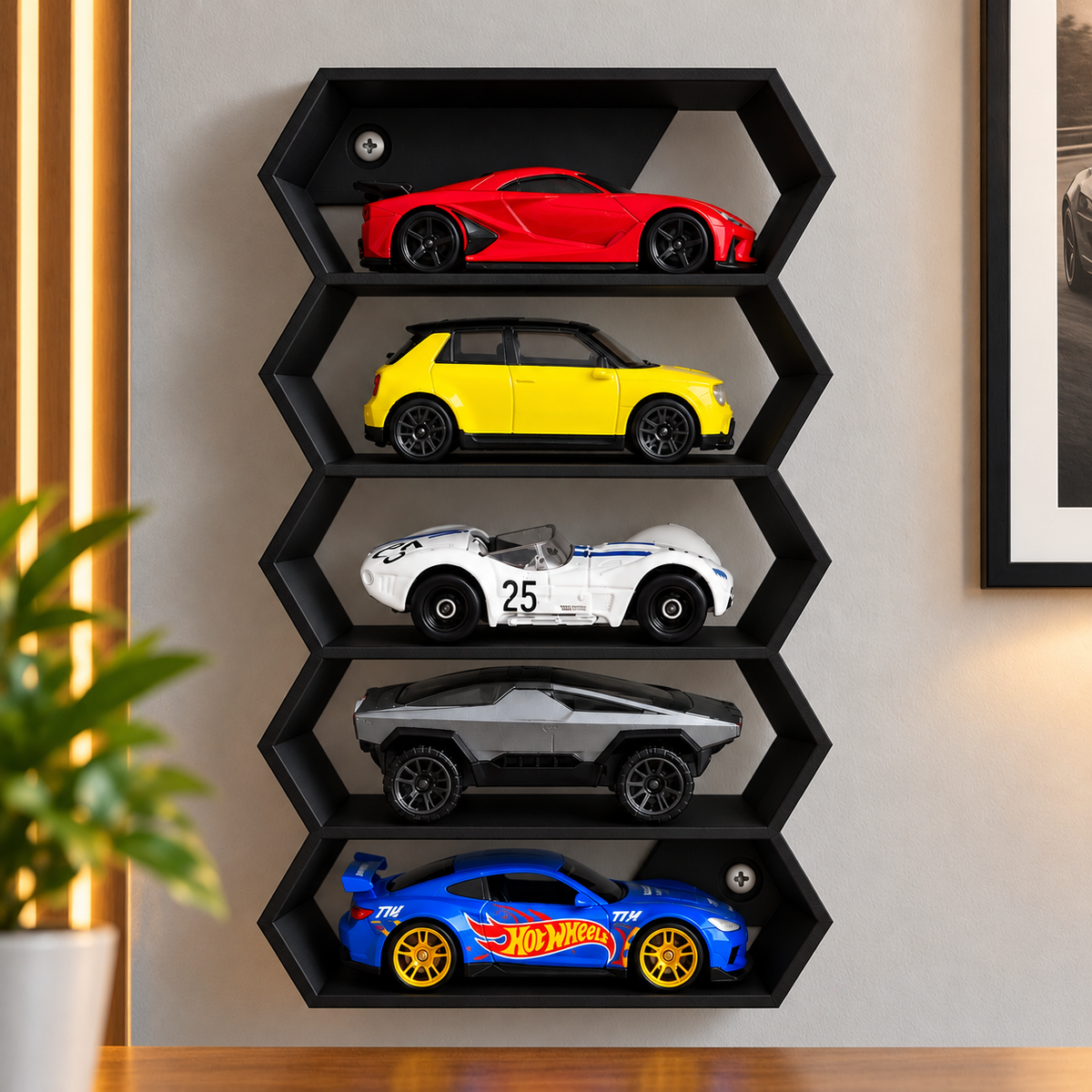 Hexagon 5-Level Hot Wheels Display Stand – 3D Printed Wall Mount Showcase