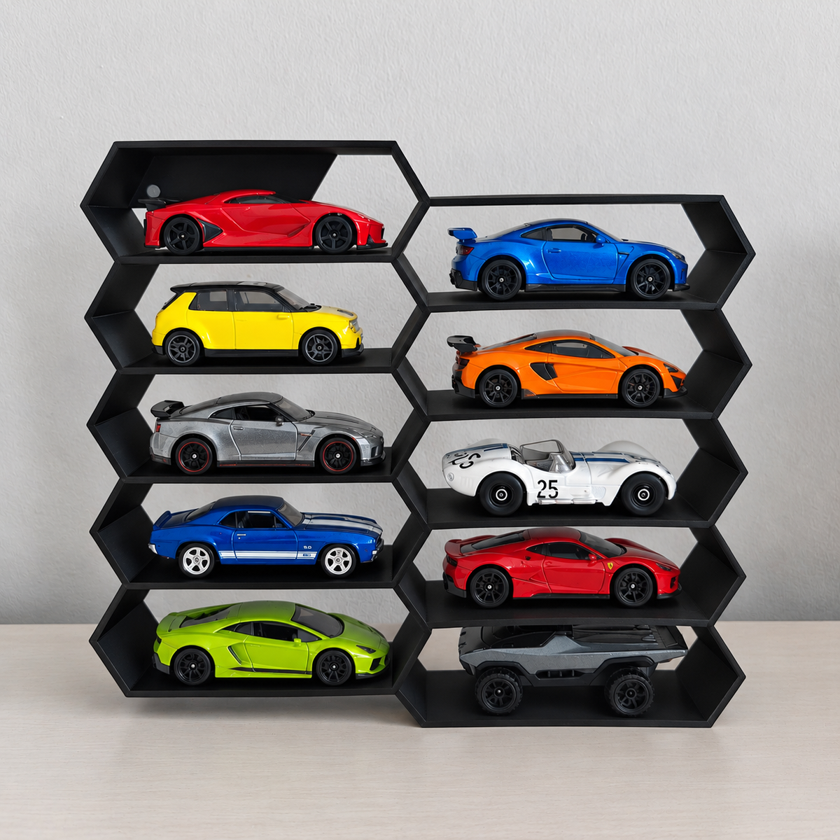 Hexagon 10-Level Hot Wheels Display Stand – 3D Printed Wall Mount Showcase