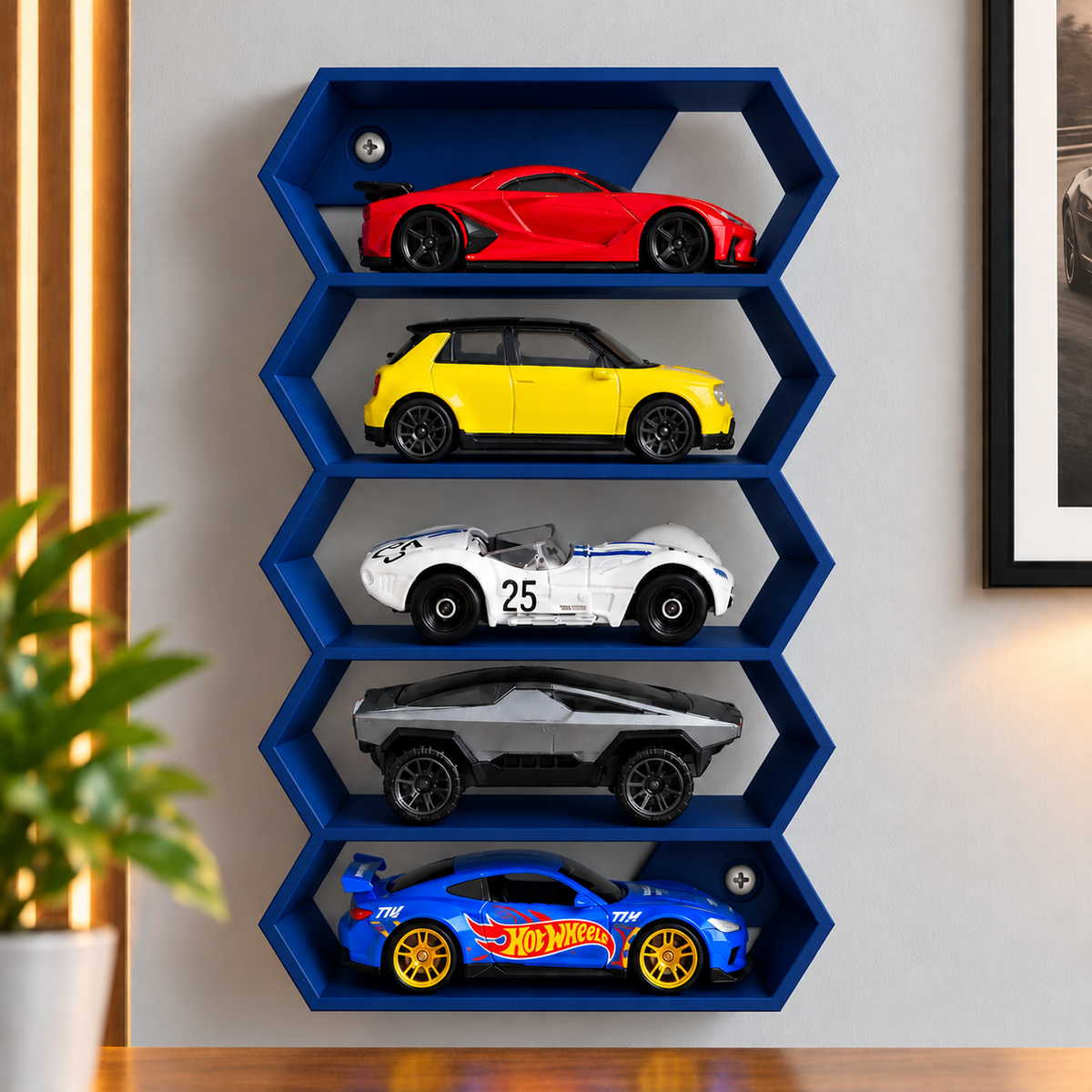 Hexagon 5-Level Hot Wheels Display Stand – 3D Printed Wall Mount Showcase
