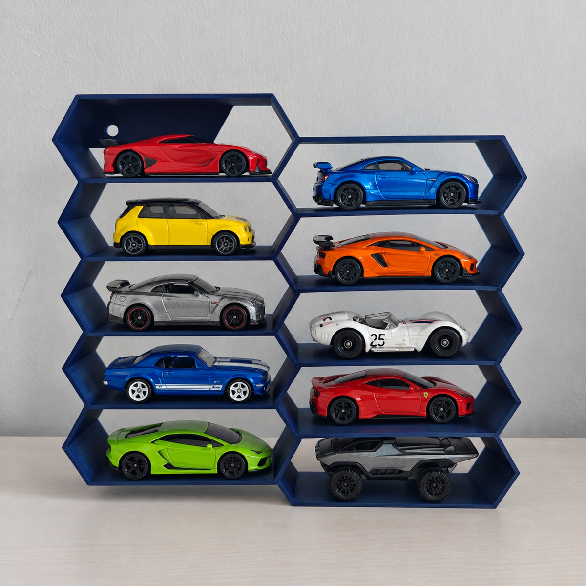 Hexagon 10-Level Hot Wheels Display Stand – 3D Printed Wall Mount Showcase