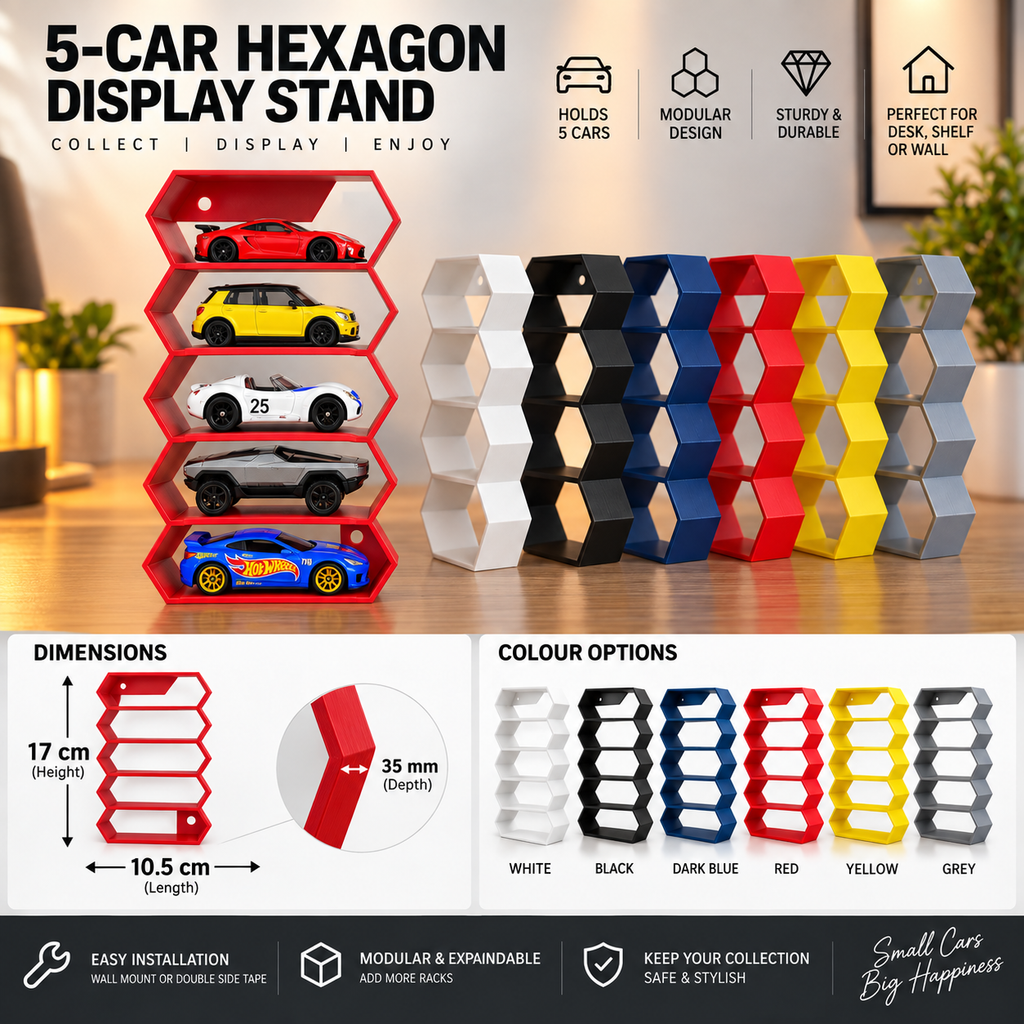 Hexagon 5-Level Hot Wheels Display Stand – 3D Printed Wall Mount Showcase