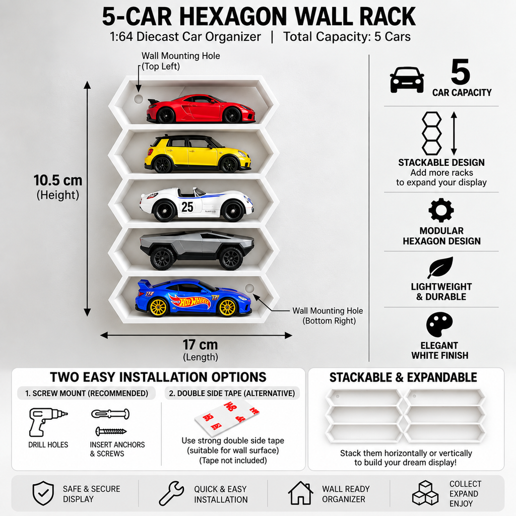 Hexagon 5-Level Hot Wheels Display Stand – 3D Printed Wall Mount Showcase