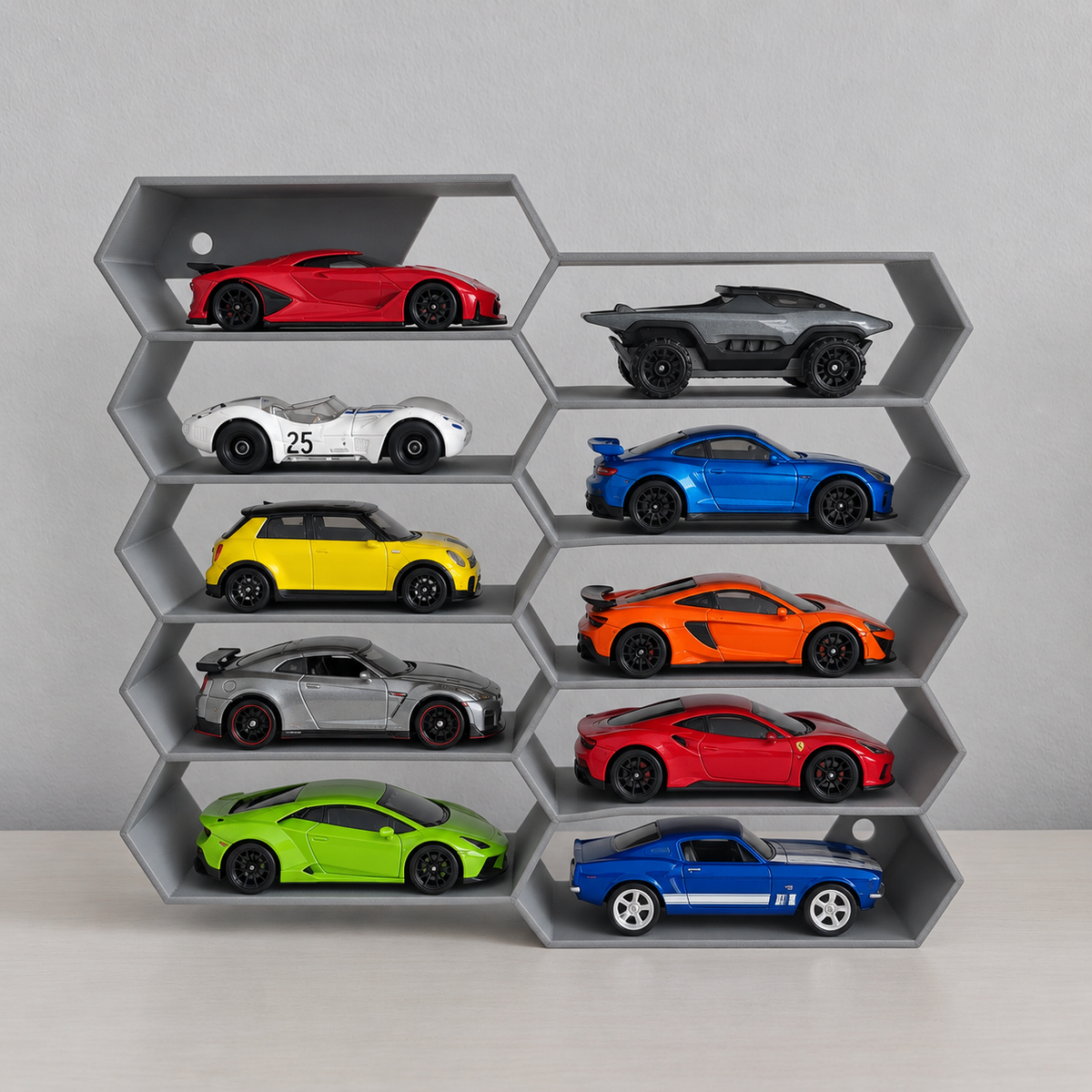 Hexagon 10-Level Hot Wheels Display Stand – 3D Printed Wall Mount Showcase