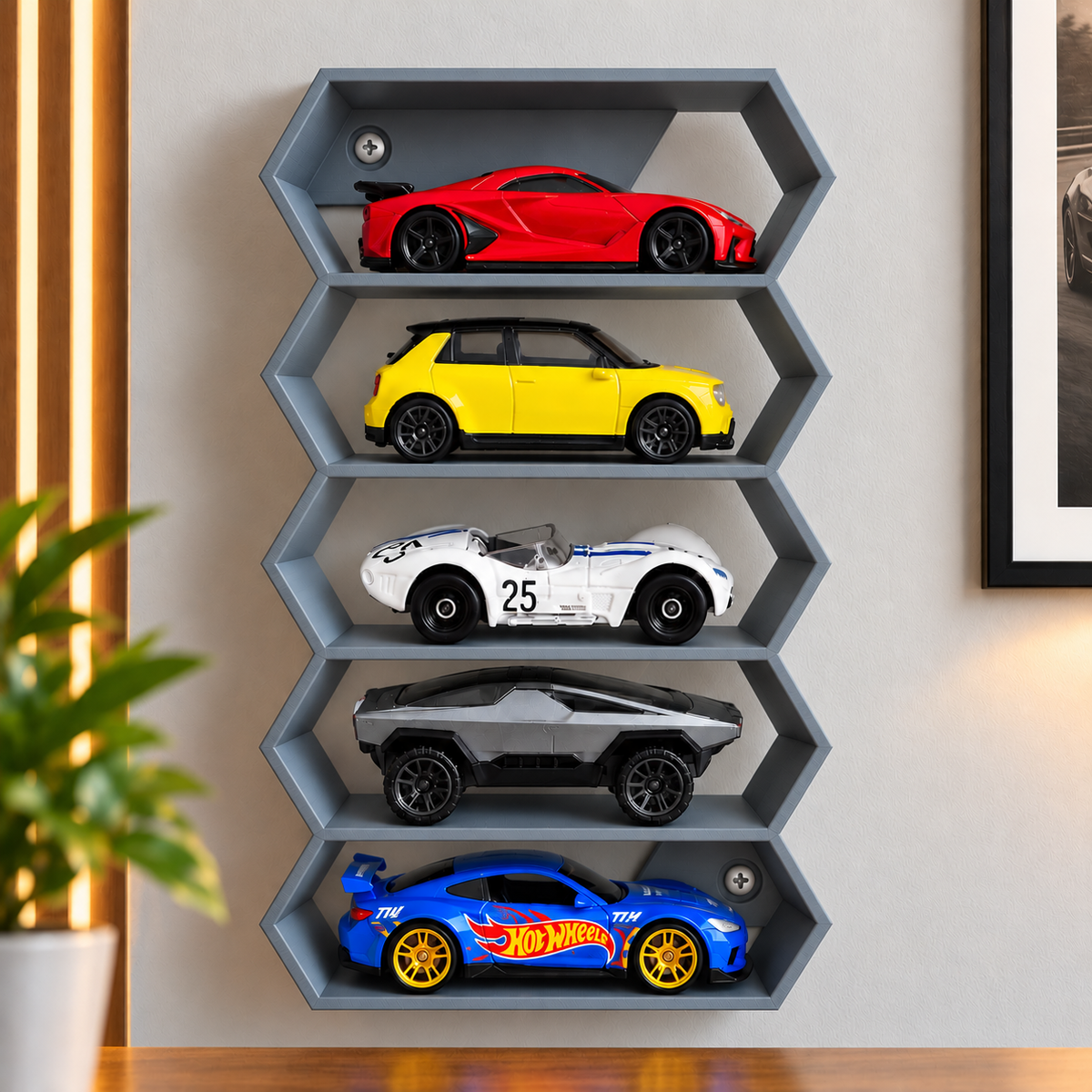 Hexagon 5-Level Hot Wheels Display Stand – 3D Printed Wall Mount Showcase