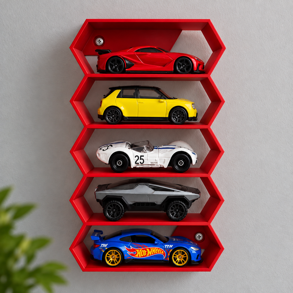Hexagon 5-Level Hot Wheels Display Stand – 3D Printed Wall Mount Showcase