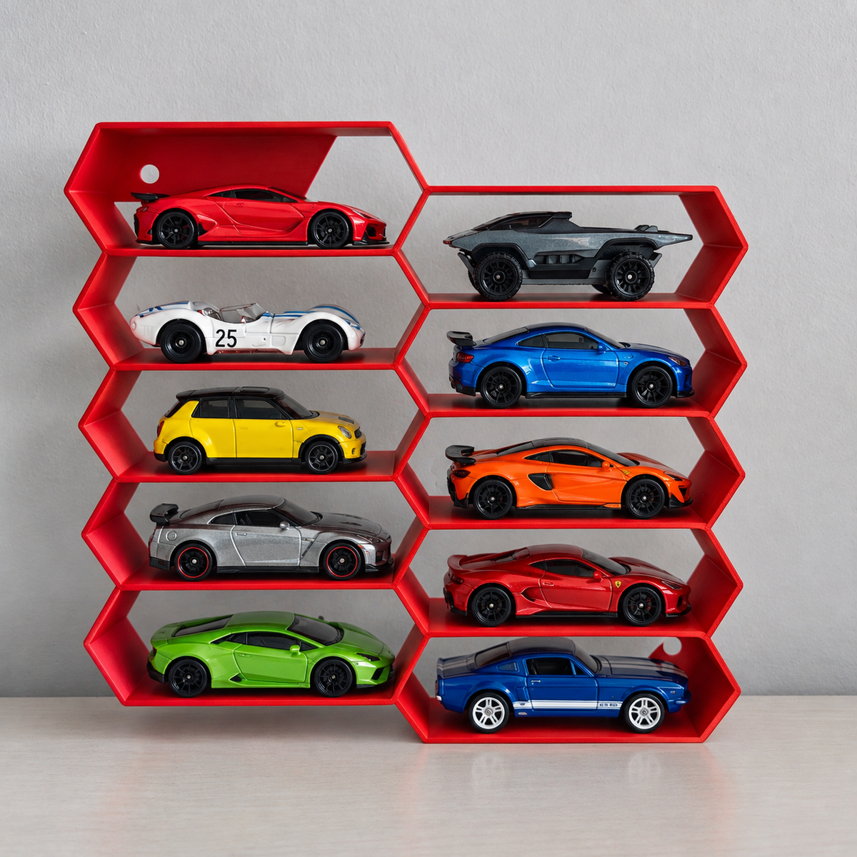 Hexagon 10-Level Hot Wheels Display Stand – 3D Printed Wall Mount Showcase