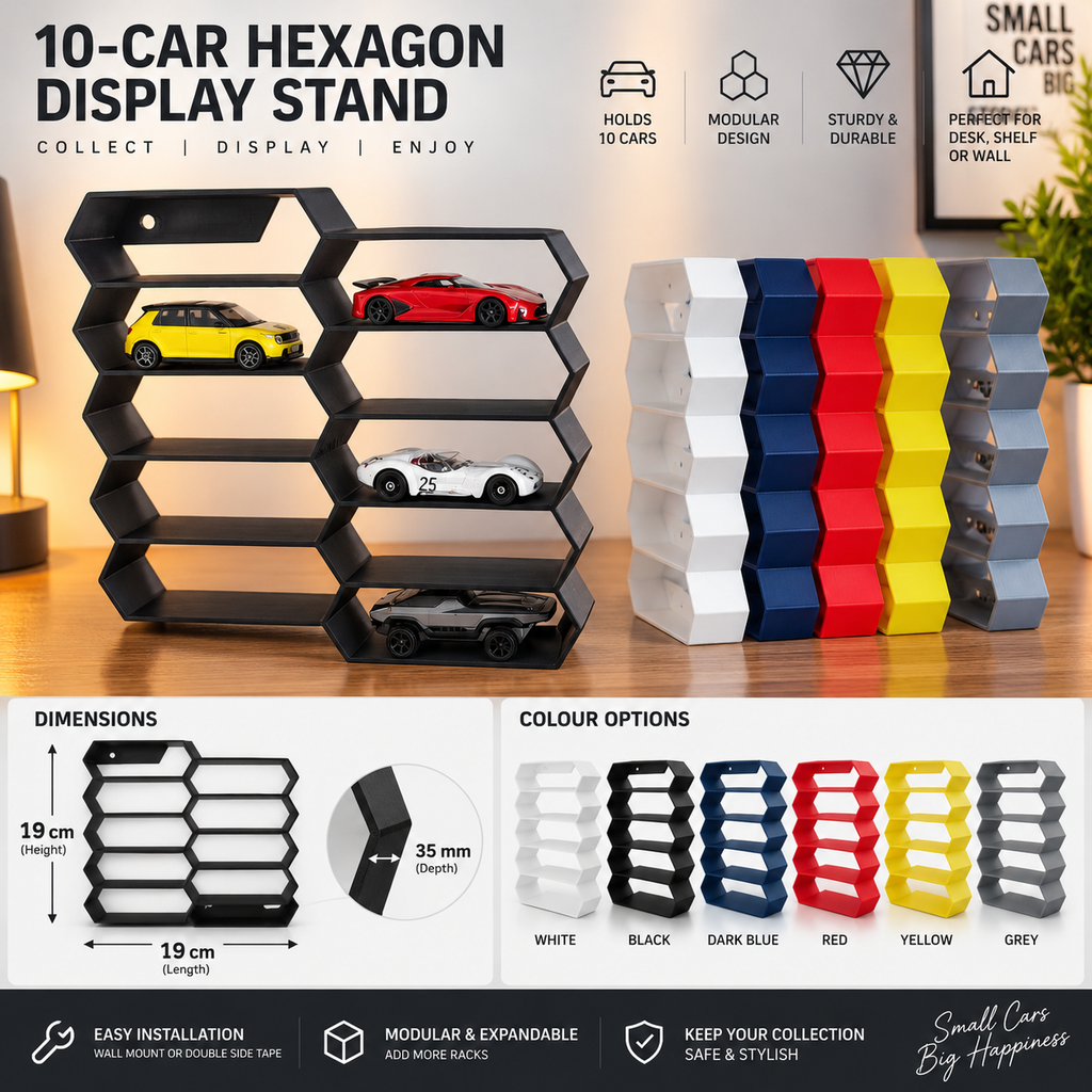 Hexagon 10-Level Hot Wheels Display Stand – 3D Printed Wall Mount Showcase