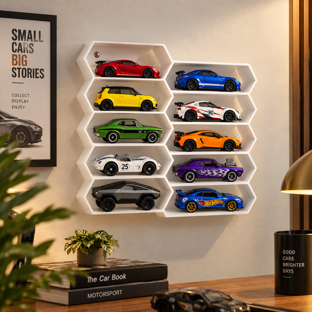 Hexagon 10-Level Hot Wheels Display Stand – 3D Printed Wall Mount Showcase