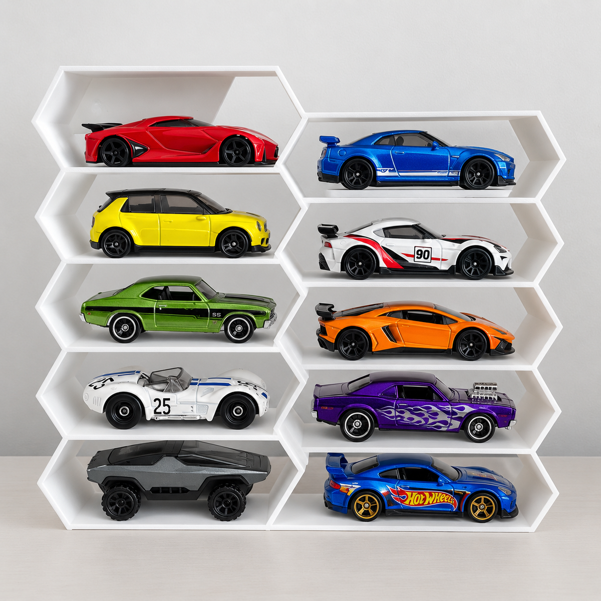 Hexagon 10-Level Hot Wheels Display Stand – 3D Printed Wall Mount Showcase