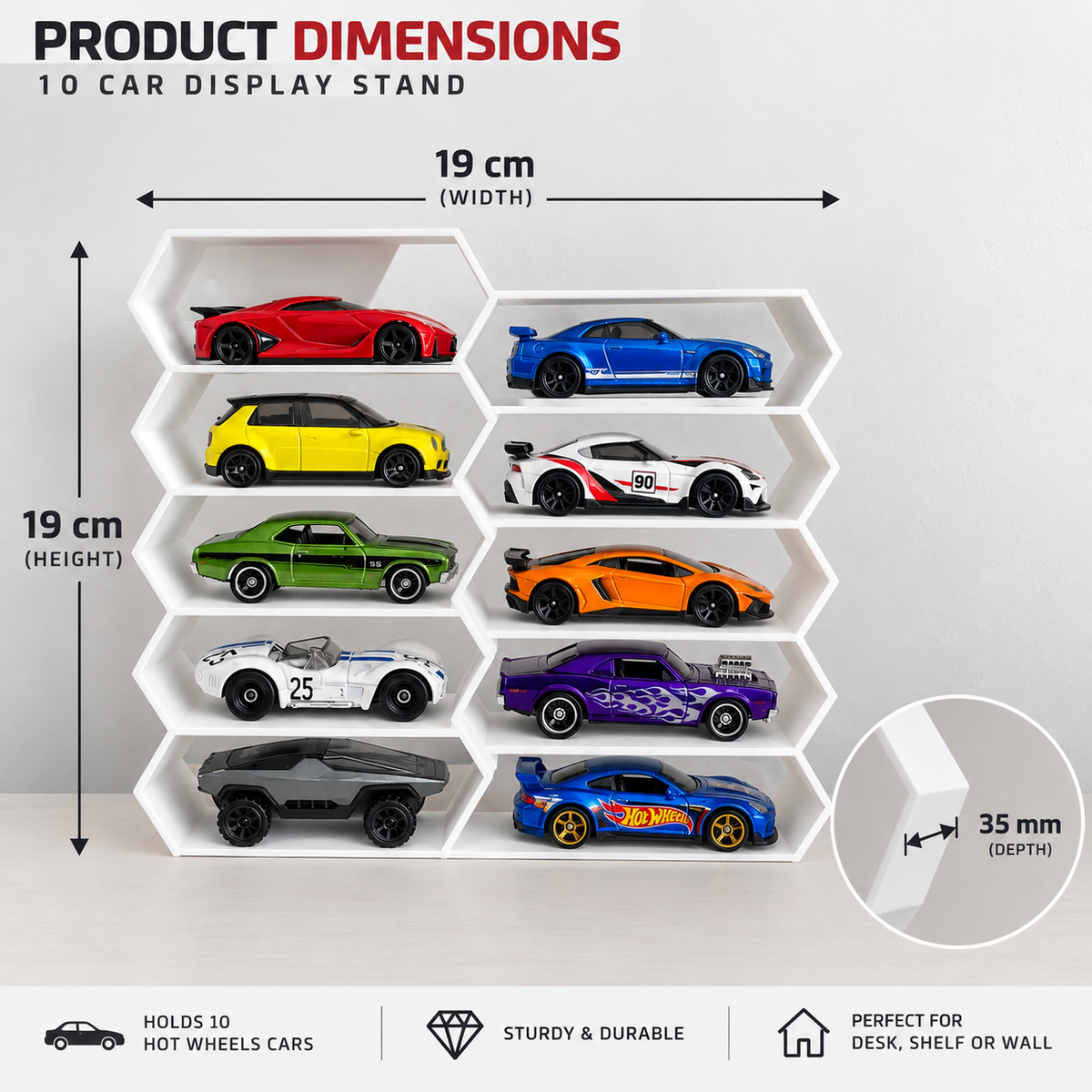 Hexagon 10-Level Hot Wheels Display Stand – 3D Printed Wall Mount Showcase