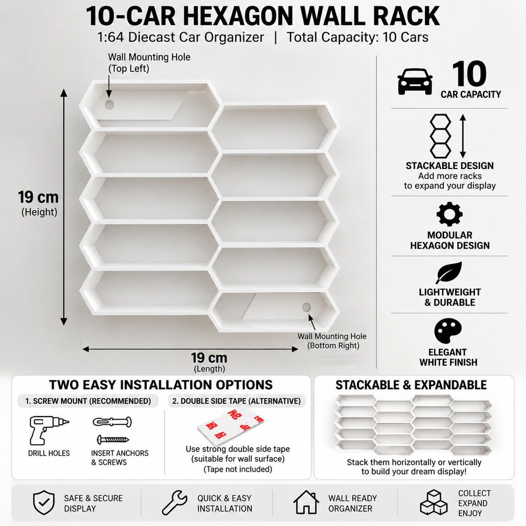 Hexagon 10-Level Hot Wheels Display Stand – 3D Printed Wall Mount Showcase