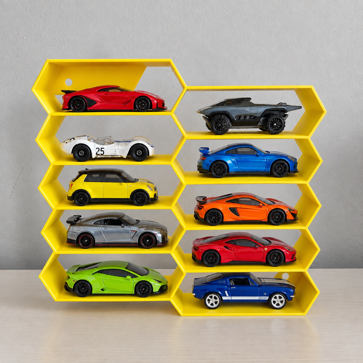 Hexagon 10-Level Hot Wheels Display Stand – 3D Printed Wall Mount Showcase