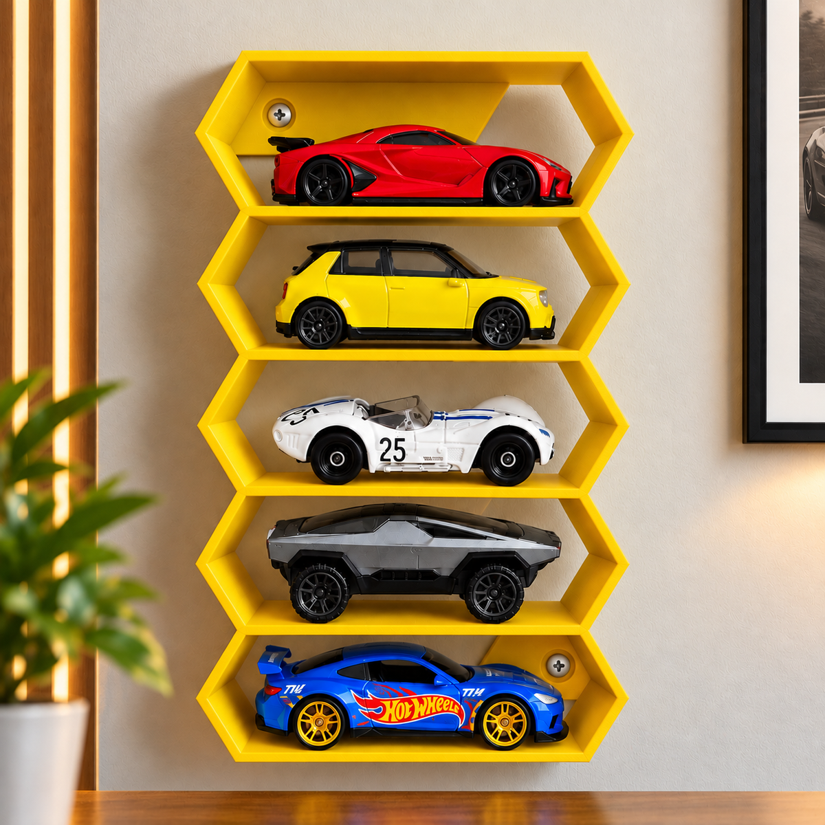 Hexagon 5-Level Hot Wheels Display Stand – 3D Printed Wall Mount Showcase