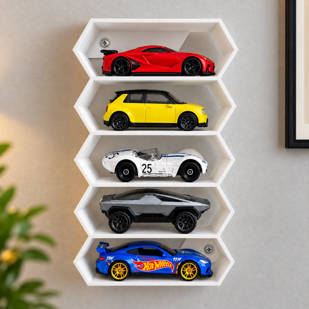 Hexagon 5-Level Hot Wheels Display Stand – 3D Printed Wall Mount Showcase